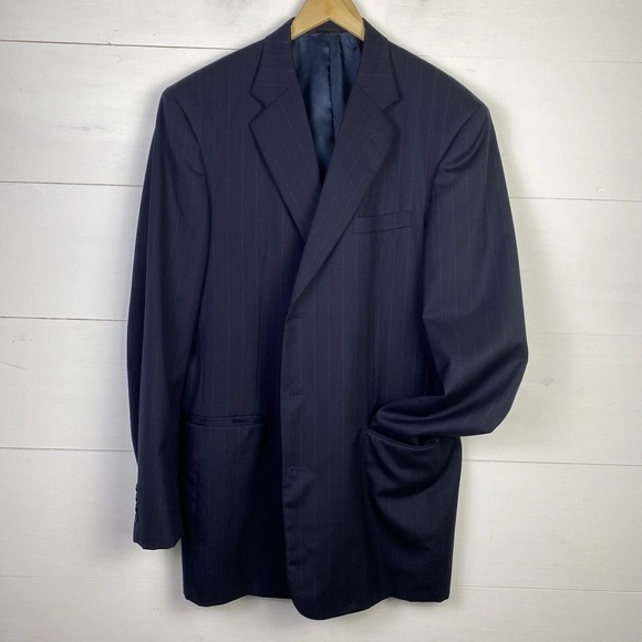 VTG Tom James Blazer Navy Pinstripe 44-46L? Sport Coat USA Made Academia - Picture 1 of 14